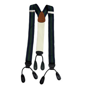Brooks Brothers Striped Suspenders Mens Green Navy Black Leather Button